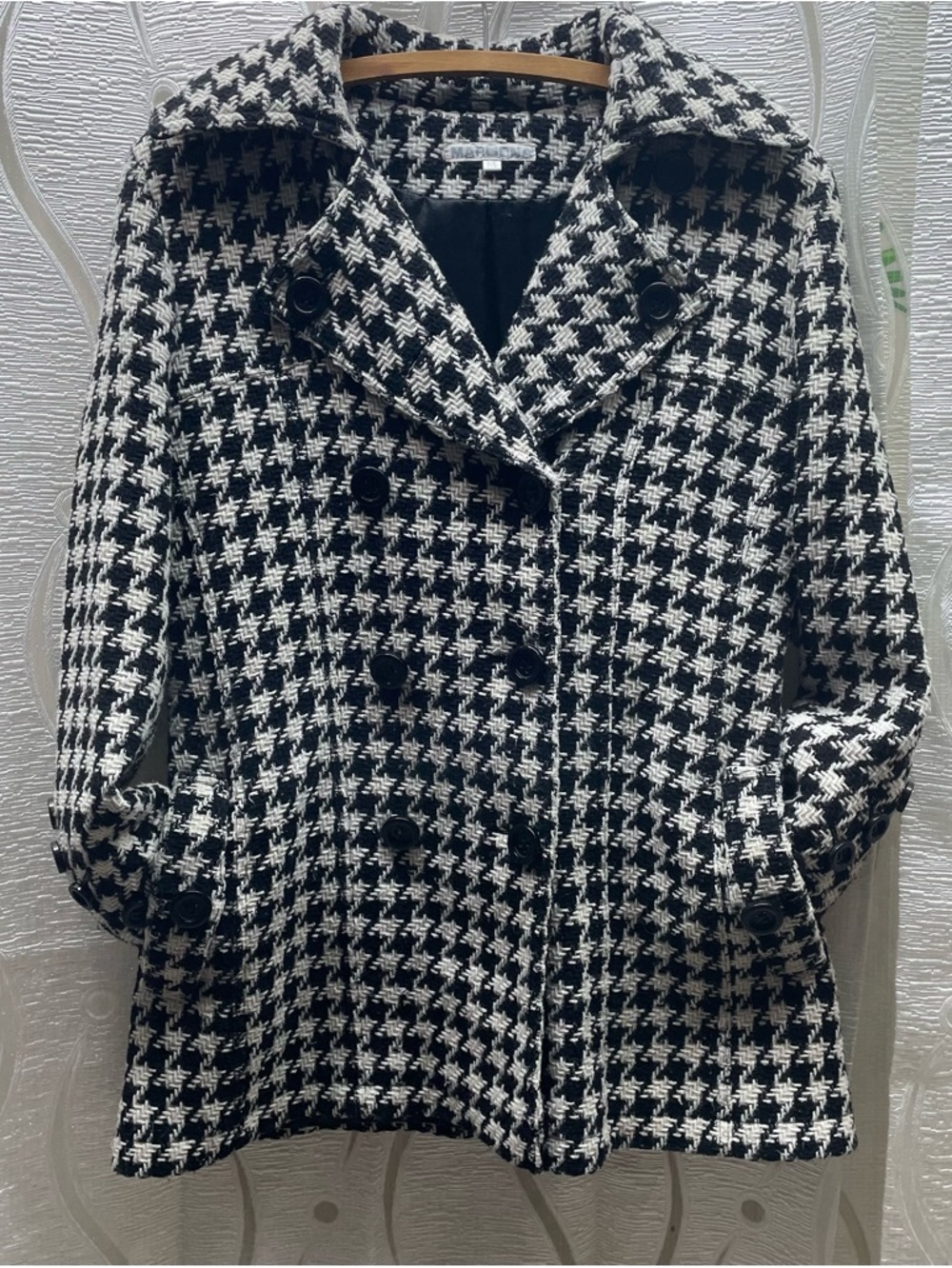 Marcona Houndstooth Pea Coat Womens P/S Black White Excellent Wool Blend‎ Petite